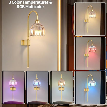 Vintage Battery Operated Wall Sconces Set of Two, Flower Wireless Rechargeable Battery Powered Wall Lights Lamp with Remote Control & Green Glass Lampshade,Gold Wall Sconces for Bedroom Living Room