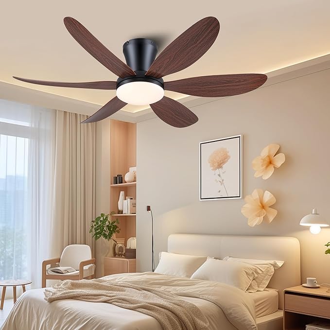 GJeg Ceiling Fans with Lights,42" Flush Mount Ceiling Fan with Light and Remote Control,Low Profile, Reversible, Dimmable, Noiseless, Black Ceiling Fan for Bedroom