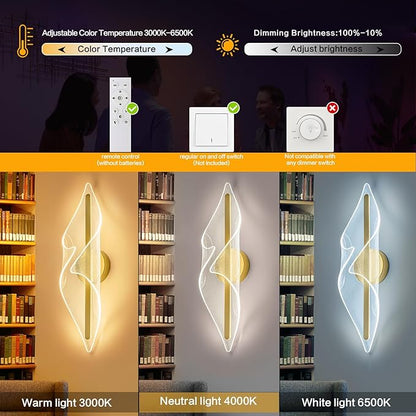 Modern Gold Wall Sconce 17.3In LED Wall Lamp with Remote Control Dimmable Acrylic Sconces Wall Lighting for Living Room Hallway Bathroom Bedroom Stairs