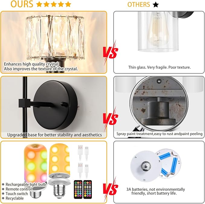 Crystal Battery Operated Wall Sconces Set Of Two, Black Wireless Wall Light with USB Rechargeable LED Light Bulbs 12 Colors Dimmable Crystal Wall Lamp with Remote for Living Room, Bedroom, Hallway