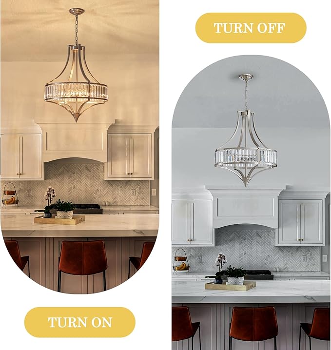 Brushed Nickel Chandeliers for Dining Room, 22 Inch Crystal Light Fixture 6-Light Modern Round Large Chandeliers for Kitchen Hallway Bedroom Foyer Hall Adjustable Height Hanging Light