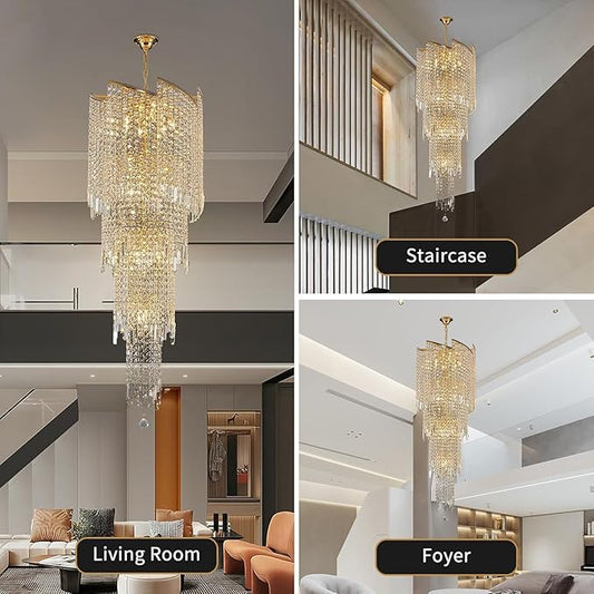 Modern Crystal Chandelier Gold Spiral Chandeliers for Dining Room, 4 Tiers Ceiling Pendant Light Fixtures, Golden Large Raindrop Chandelier for Foyer Living Room Entryway Staircase, H62 x D21.6