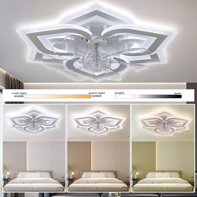 Ceiling Fan with Lights Low Profile Ceiling Fan with Lights Dimmable LED Fandelier 6 Speeds 3 Color White Fan for Bedroom Kids Room Living Room