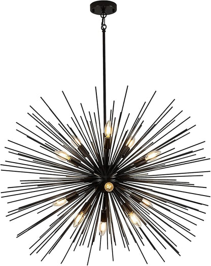 35in Black Sputnik Chandelier 12-Light Starburst Chandelier Light Fixture Solid Metal Mid-Century Modern Satellite Light Fixture for High Ceiling Living Room Dining Room Foyer, E12