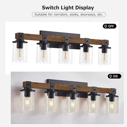 DUJAHMLAND Farmhouse Vanity Lights, 5-Light Wood Bathroom Wall Lighting with Clear Glass, Industrial Metal Wall Sconce for Bedroom, Kitchen, Hallway (Antique Wood, 5-Light)