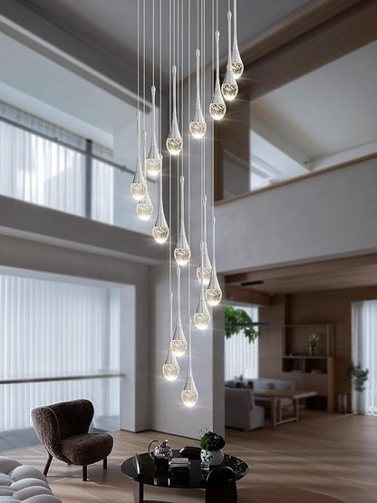 ykolupty Modern Crystal Chandeliers LED Dimmable Stairwell Chandelier Silver Teardrop Chandelier Large Pendant Light for Entryway Foyer Living Room