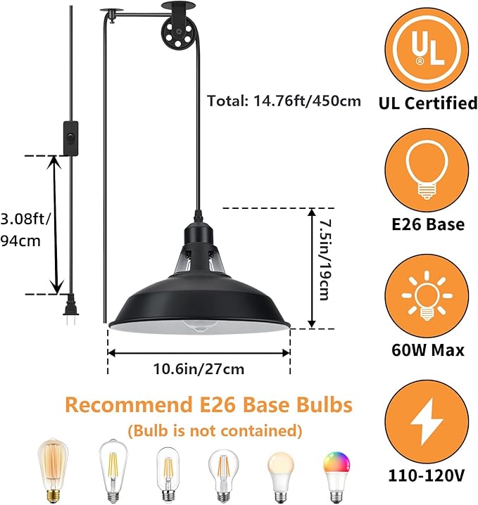 Lomoky Plug in Pulley Pendant Light with 14.76ft Cord On/Off Switch, Industrial Barn Black Hanging Lights with Plug in Cord, Pulley Wall Pendant Lamp for Kitchen Island, Pool Table, Bedroom, 1 Pack