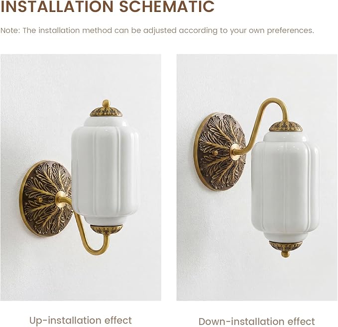 Vintage Milk White Glass Wall Sconce - Milk Glass Shade Antique Brass Indoor Wall Light for Bedroom, Living Room, and Hallway
