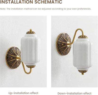 Vintage Milk White Glass Wall Sconce - Milk Glass Shade Antique Brass Indoor Wall Light for Bedroom, Living Room, and Hallway