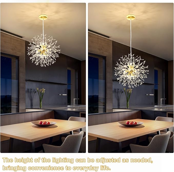 Yiisem Gold Crystal Chandeliers, 9-Light Modern Dandelion Firework Pendant Lighting, G9 Hanging Chandelier Light Fixtures for Dining Room Bedroom Hallway Kitchen Aisle