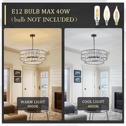 CATINER 24'' Black Crystal Chandeliers Luxury 8-Lights Pendant Chandelier Drum Semi Flush Mount Ceiling Lights for Living Room Dining Room Foyer Bedroom Kitchen
