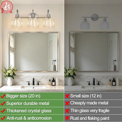 3-Light Bathroom Light Fixtures, 20" Vanity Light Over Mirror with Ribbed Clear Tulip Glass Shades, Brushed Nickel Wall Lights for Bathroom, Bedroom, Living Room, Hallway (Bulb Not Included)