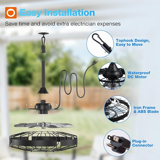 addlon 20 Inch Outdoor Ceiling Fan without Light, IP65 Waterproof Plug in Caged Hanging Fan, Remote Control, 6 Speeds Reversible Outdoor Fans for Patio, Gazebo, Pergola, Porch