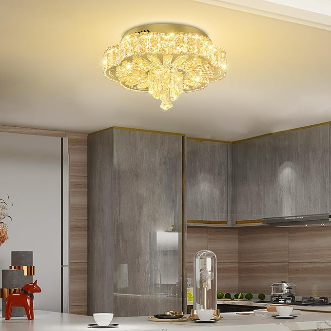 16in Gold Crystal Chandeliers for Living Room Dining Room Crystal Ceiling Light Fixtures Modern LED Flush Mount Light Dimmable 2700k-6000k