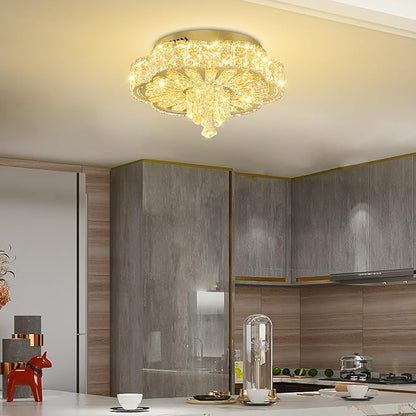 16in Gold Crystal Chandeliers for Living Room Dining Room Crystal Ceiling Light Fixtures Modern LED Flush Mount Light Dimmable 2700k-6000k