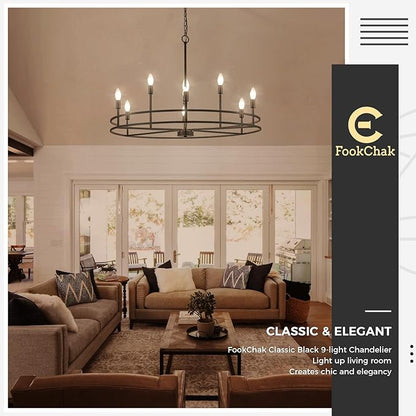 Black Chandeliers Light Fxiture, Modern Round Chandelier 9-Light Metal Candle Chandeliers Dining Room Chandelier Over Table Master Bedroom Chandelier Lighting for Living Room Foyer 35in