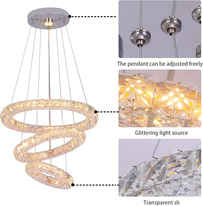 3 Rings Modern Crystal Flush Mount Chandelier - 3-Colors Changeable Crystal, 15.7''+11.8''+7.8'' LED Ceiling Light DIY Adjustable, Living Room, Hotel, Office