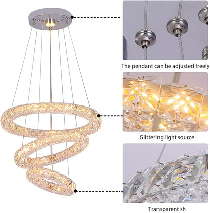 3 Rings Modern Crystal Flush Mount Chandelier - 3-Colors Changeable Crystal, 15.7''+11.8''+7.8'' LED Ceiling Light DIY Adjustable, Living Room, Hotel, Office