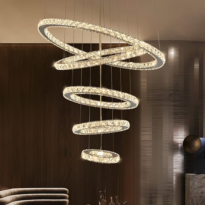 Modern Crystal Chandeliers for High Ceilings, 5 Rings Modern Led Chandelier Light Fixture 3 Colors Adjustable, Gold Chandelier for Foyer Dining Room Bedroom Living Room Staircase, D8"-12"-16"-20"-24"