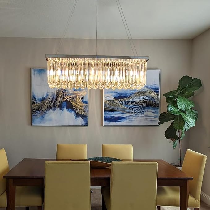 Modern Silver Rectangular Crystal Chandelier, Dining Room Chandeliers Over Table, Luxury Chrome Pendant Ceiling Light Fixtures for Kitchen Island, Living Room, Bar of CRYSTOP
