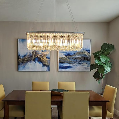 Modern Silver Rectangular Crystal Chandelier, Dining Room Chandeliers Over Table, Luxury Chrome Pendant Ceiling Light Fixtures for Kitchen Island, Living Room, Bar of CRYSTOP