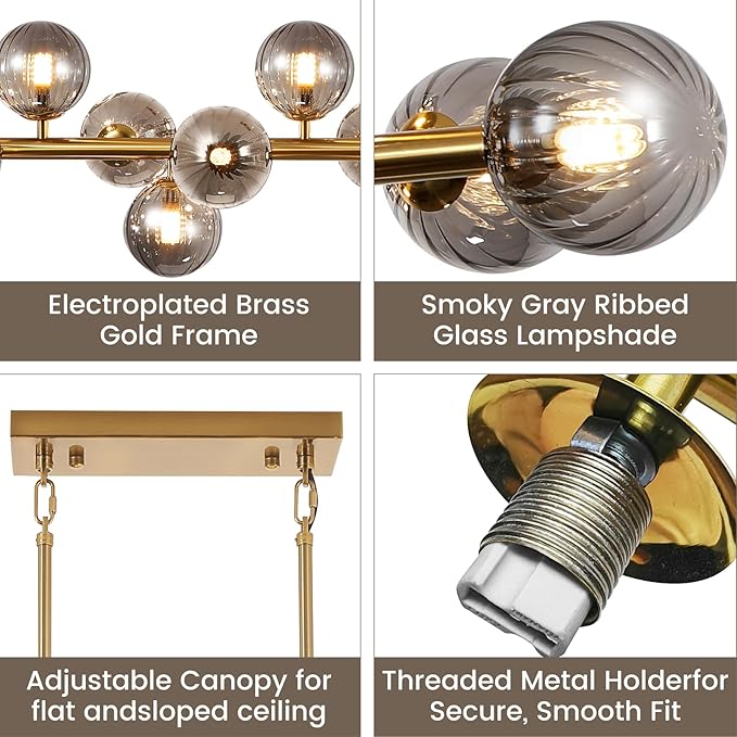 Brass Gold Rectangle Chandelier Modern Chandelier Smoke Grey Globe Glass Pendant Light Fixture Adjustable for Dining Living Room Kitchen Island Over Table 22-Light 70''