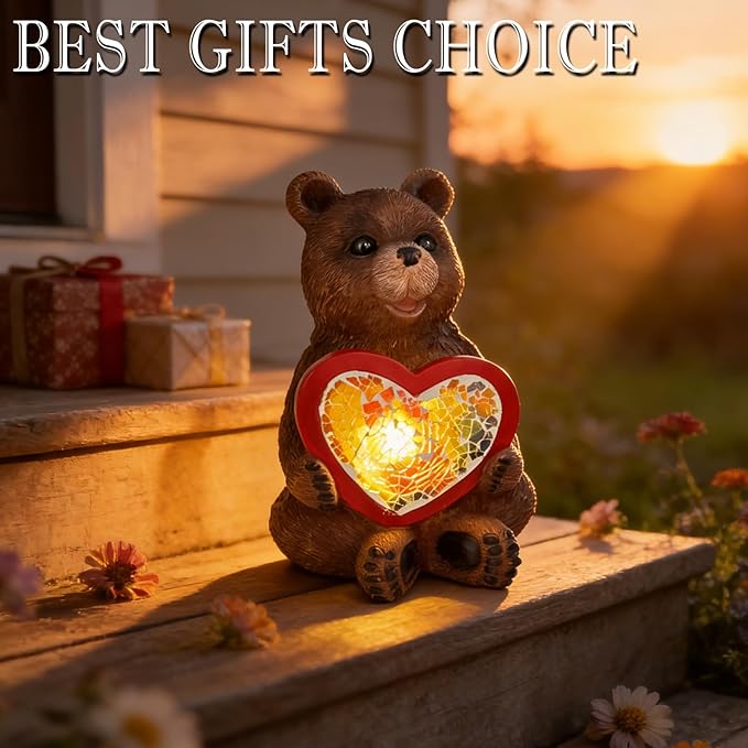 Solar Bear Garden Statues Decor for Outdoor, Brown Bear Figurine Lights for Lawn Patio Yard Decoration - Unique Christmas Housewarming Gift for Grandma Wowen Mom