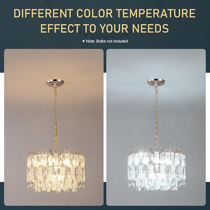 7-Light Crystal Gold Chandelier Modern 3-Tier K9 Crystal Round Light Fixture 16" Pendant Chandelier for Kitchen Island Dining Room Bedroom Foyer Entryway Hallway, E12