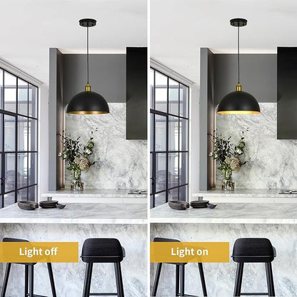 Pendant Lights Kitchen Island - 12-Inch Farmhouse Dome Hanging Light Fixture, Black and Gold Industrial Ceiling Light Adjustable Kitchen Pendant Lighting for Dining Room, Bedroom, Living Rooms