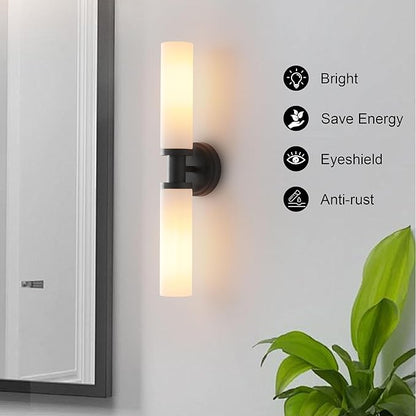Wall Sconces Set of Two,Matte Black Bathroom Sconces Wall Lighting with White Glass, Modern Sconces Wall Decor Set of 2 Wall Light fixtures for Bathroom Mirror Living Room Hallway Bedroom Wall Lamp