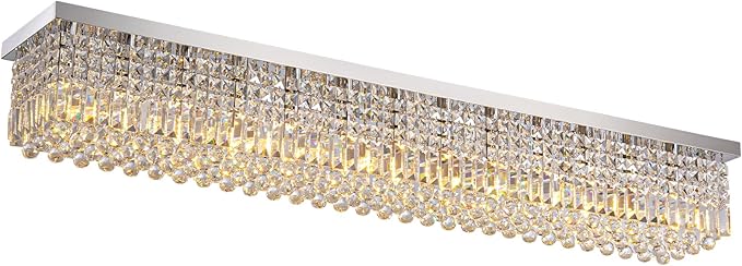 7PM Rectangular Chandelier, Modern Dining Room Light Fixture with Raindrop Chandelier Crystals, 13-Light Flush Mount Rectangle Chandelier for Dining Room Kitchen,Chrome Finish L59'' x W10'' x H9''