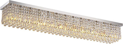 7PM Rectangular Chandelier, Modern Dining Room Light Fixture with Raindrop Chandelier Crystals, 13-Light Flush Mount Rectangle Chandelier for Dining Room Kitchen,Chrome Finish L59'' x W10'' x H9''
