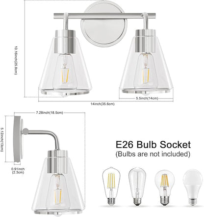 Bathroom Light Fixtures Over Mirror Polished Nickel Vanity Light 2-Lights Bathroom Vanity Lights with Clear Glass Shade 14 inch Vanity Lighting Fixtures Modern Wall Sconces Bath Light