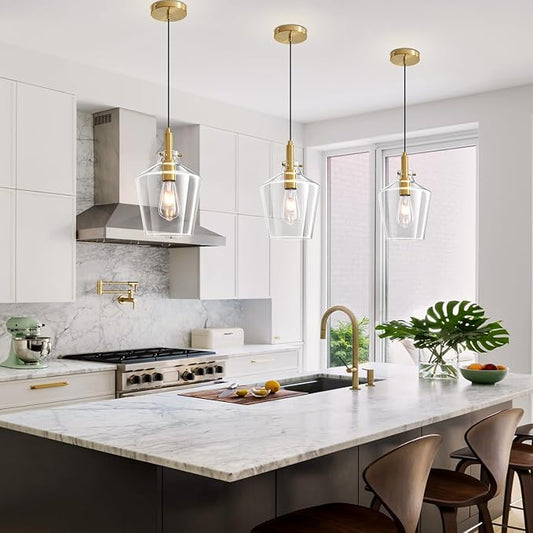 Modern Glass Pendant Lighting for Kitchen Island, Farmhouse Gold Pendant Light Fixtures 1 Pack, Adjustable Hanging Ceiling Light Angled Clear Glass Shades 8 Inch