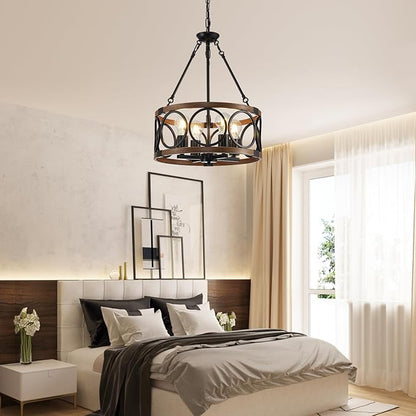 16'' Farmhouse Chandelier, 4-Light Walnut Wood Grain Dining Room Light Fixture Over Table, Rustic Industrial Drum Hanging Pendant Lights Fixture for Kitchen Island Bedroom Hallway Foyer Entryway