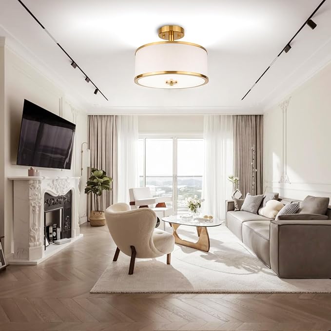Edwarmlux 3-Light Semi Flush Mount Ceiling Light Fixture, 12.6" Gold Drum Light with White Fabric Shade, Modern Close to Ceiling Light for Living Room Bedroom Dining Room Kitchen Hallway Entry Foyer