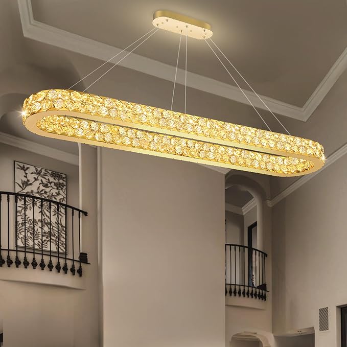 59'' Modern Oval Chandelier Crystal Chandeliers for Dining Room Round Ceiling Light Fixture for Living Room Lighting LED Dimmable with Remote Ring Lights Gold