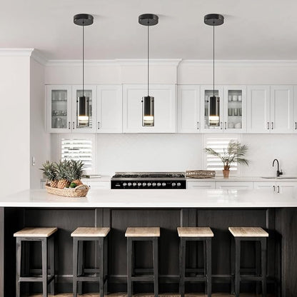 Black Pendant Light Fixtures, Adjustable Modern LED Smoky Gray Glass Pendant Lights for Kitchen Island, Single Hanging Pendant Lighting for Dining Table Hallway Bedroom Living Room(3-Pack)