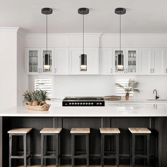 Black Pendant Light Fixtures, Adjustable Modern LED Smoky Gray Glass Pendant Lights for Kitchen Island, Single Hanging Pendant Lighting for Dining Table Hallway Bedroom Living Room(2-Pack)