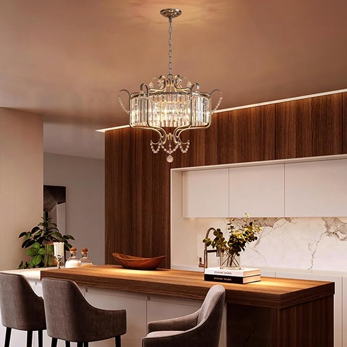 Modern Crystal Chandelier for Dining Room 24" Brushed Nickel Light Fixtures 6-Light Farmhouse Pendant Lighting for Kitchen Island Bedroom Hallway Entryway