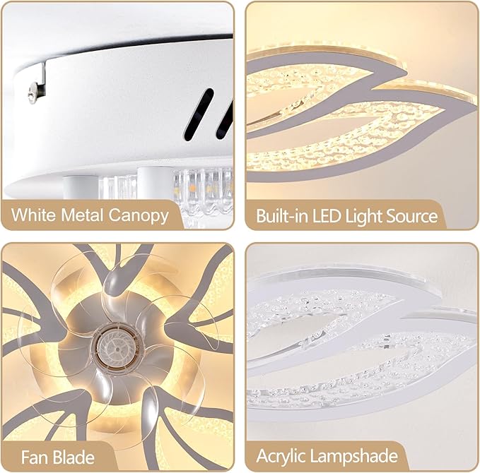 Yfrest Ceiling Fan with Lights Remote Control, White Bladeless Ceiling Fan with Light, 6 Speeds 3 Light Color Low Profile Ceiling Fan for Kitchen Bedroom