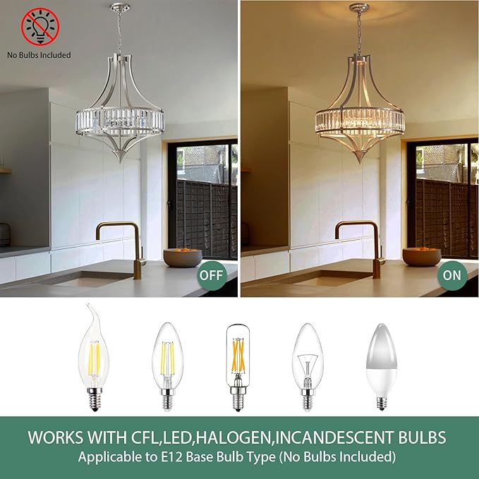 Modern Crystal Chandelier Brushed Nickel, 6-Light Round Pendant Lighting Fixtures, 21.6" Height Adjustable Ceiling Light for Living Room, Kitchen, Dining Room