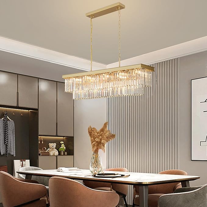 Weesalife Crystal Chandeliers for Dining Room Light Fixtures Over Table，15-Lights Gold Modern Rectangle Chandeliers for Kitchen Island Bar