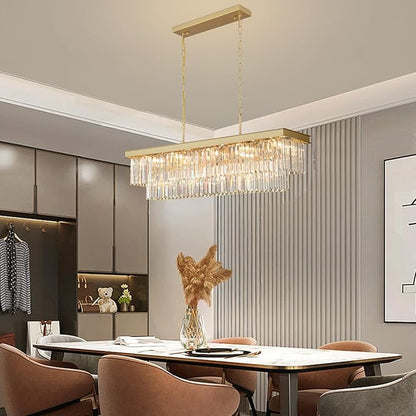 Weesalife Crystal Chandeliers for Dining Room Light Fixtures Over Table，15-Lights Gold Modern Rectangle Chandeliers for Kitchen Island Bar