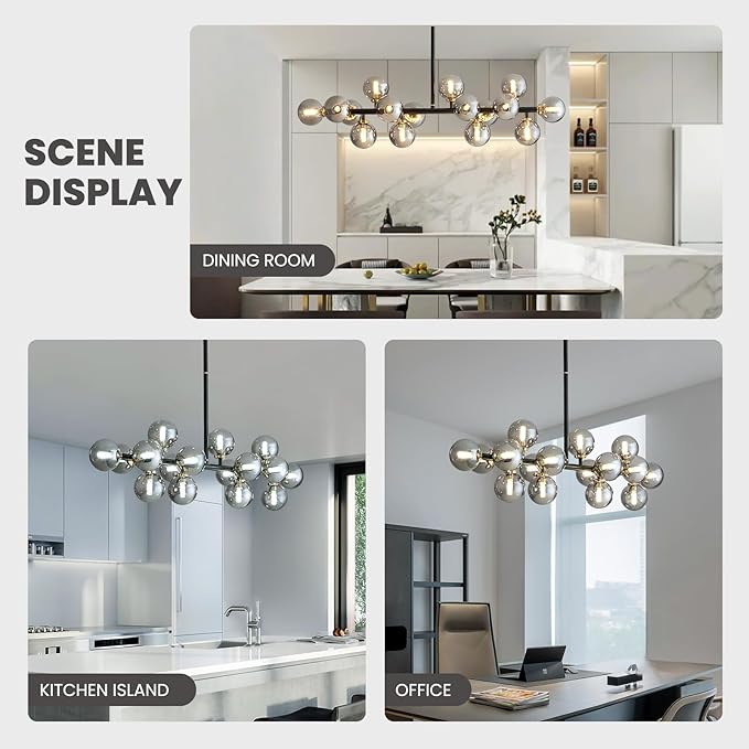 16 Lights Mid Century Modern Chandelier Black Linear Chandelier Light Fixtures Glass Globe Sputnik Pendant Light for Dining Room Kitchen Island (Smoke Gray Lampshade)