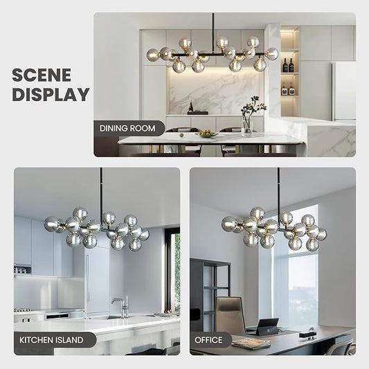 16 Lights Mid Century Modern Chandelier Black Linear Chandelier Light Fixtures Glass Globe Sputnik Pendant Light for Dining Room Kitchen Island (Smoke Gray Lampshade)