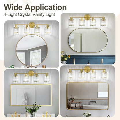 Crystal Bathroom Light Fixtures, Bathroom Lighting Fixtures Over Mirror, Modern 4-Light Gold Vanity Lights for Mirror, Restroom, Kitchen(Ceramic E26 Socket,Bulbs Not Include)