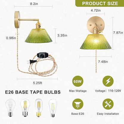 Plug in Wall Sconce, Vintage Sconce Light with Gradient Green Glass Lampshade, Bedside Wall Sconce with Switch and Plug in Wall Lamp Cord, Gold Wall Light for Bedroom