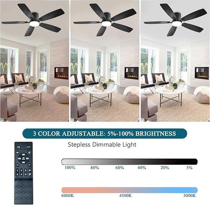 Ayaoty Ceiling Fans with Lights, 52 inch Low Profile Ceiling Fan with Light and Remote Control, Flush Mount, Reversible Motor, Dimmable, Noiseless, Black Ceiling Fan for Bedroom, Indoor/Outdoor Use