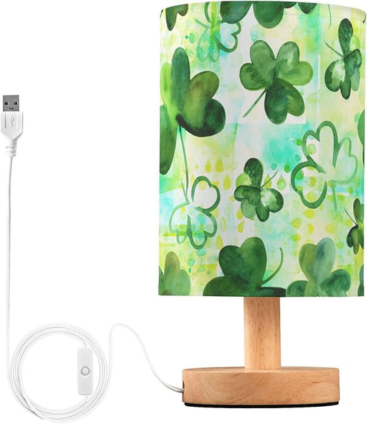 Clover Irish Shamrock on Patchwork St Patricks Day Table Lamp with Wood Base Fabric Lamp Shade Bedside Nightstand Desk Lamp for Living Room Bedroom Kids Room Office